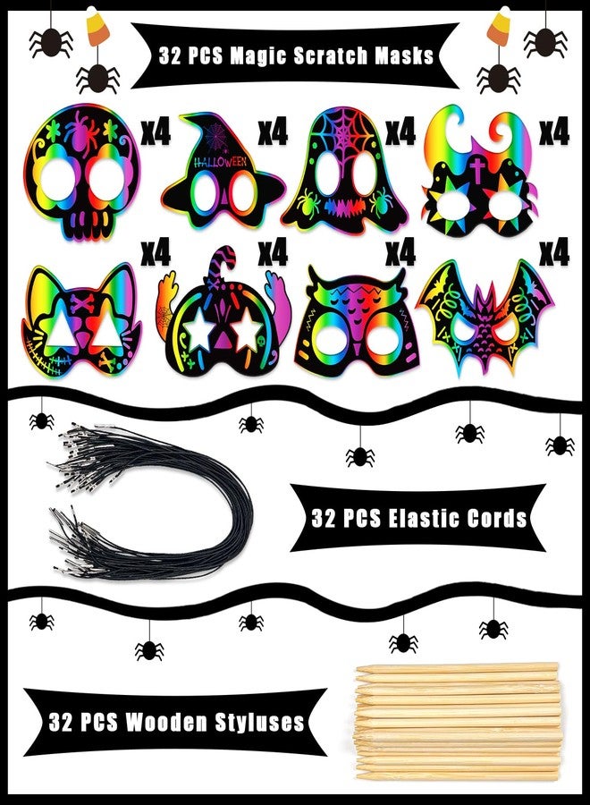 PARTYWIND 32 PCS Halloween Scratch Masks, Magic Halloween Scratch Art Crafts for Kids Party Decorations, DIY Scratch Off Masks for Kids Halloween Activities Party Supplies with Pumpkin Zombie Bat - Image 2